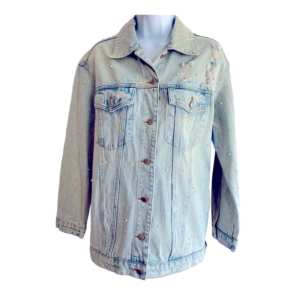 Honey Punch Pearl Embellished Jean Jacket Sz S - Picture 5 of 6